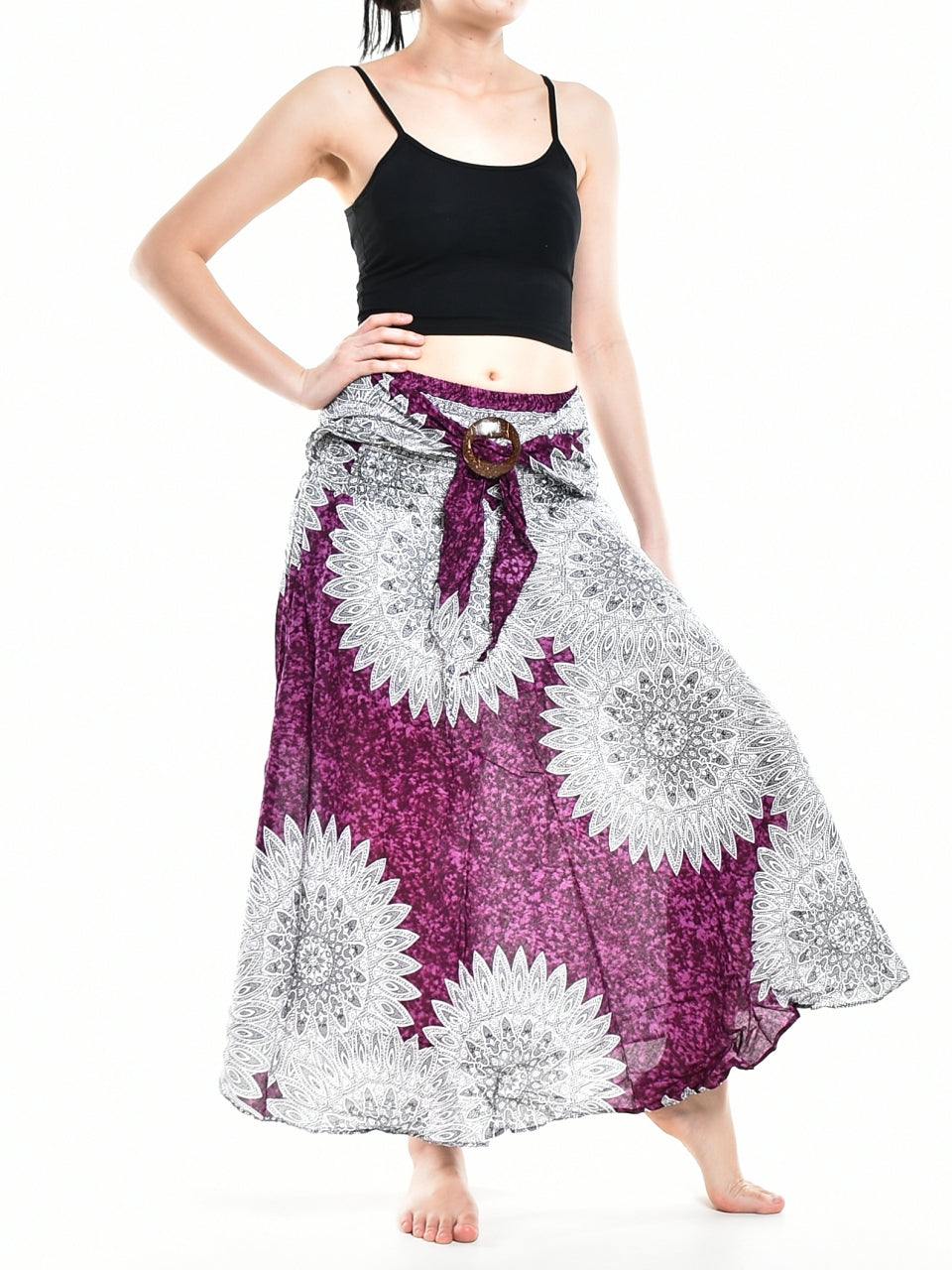 Bohotusk Purple Snowflake Long Skirt featuring a coconut buckle and smocked waist, styled elegantly for versatile wear.